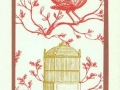 Red bird on branch with bird cage