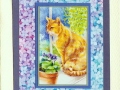 orange garden cat with blues & purples