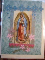 Blue Our Lady with pink flowers and hearts